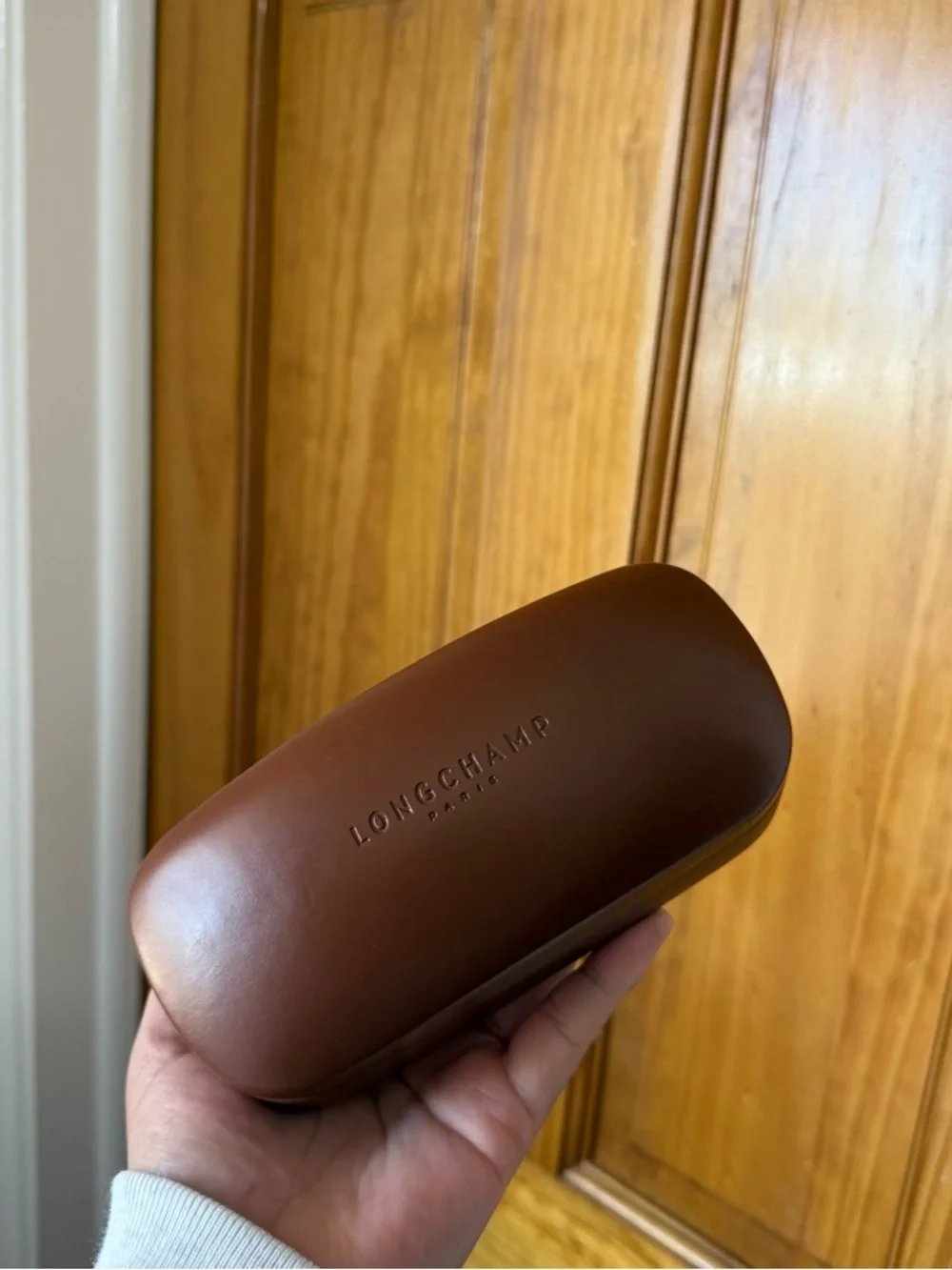 Longchamp Paris Designer Brown Embossed Leather Glasses Case